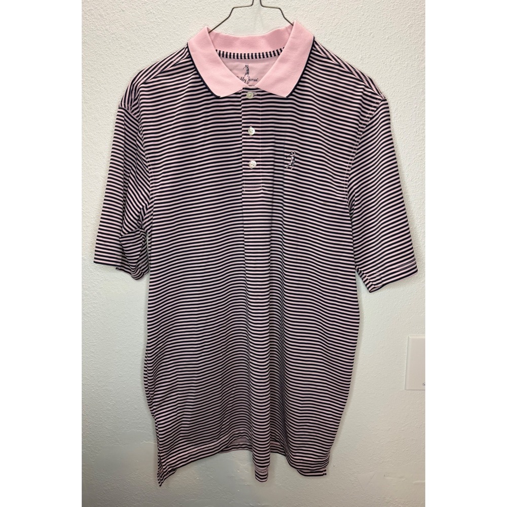 Bobby Jones Polo Shirt Mens Large Pink‎ Navy Blue Striped Performance Golf